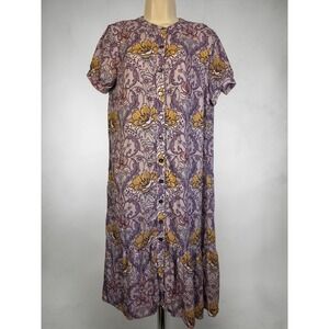Wayward Fancies Dress Medium Purple Floral Button Down Knee Length Short Sleeve